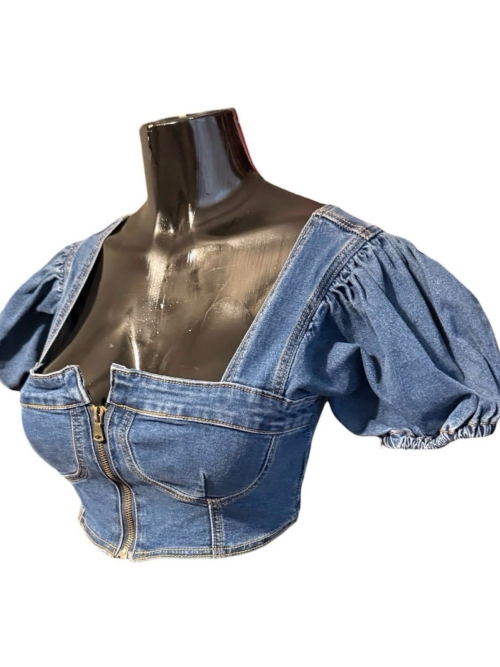 Denim Puff-Sleeve Zip-Front Crop Top - Blue